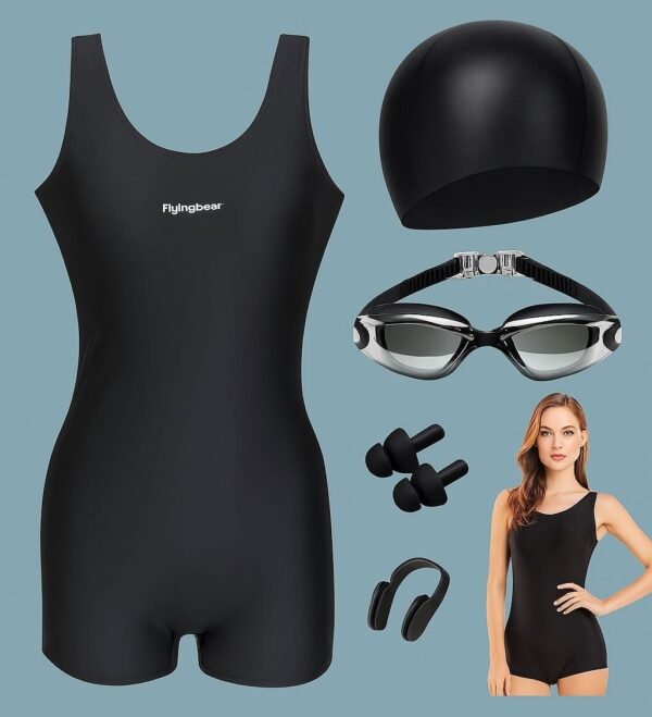 Traje de baño deportivo mujer, gorra, goggles, tapón de oídos, pinza para la nariz