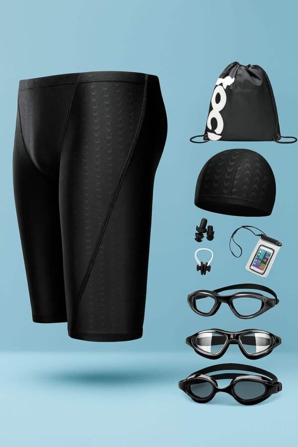 kit de natación para hombre completo  bañador, gorra, tapones de oídos, clip nasal, goggles